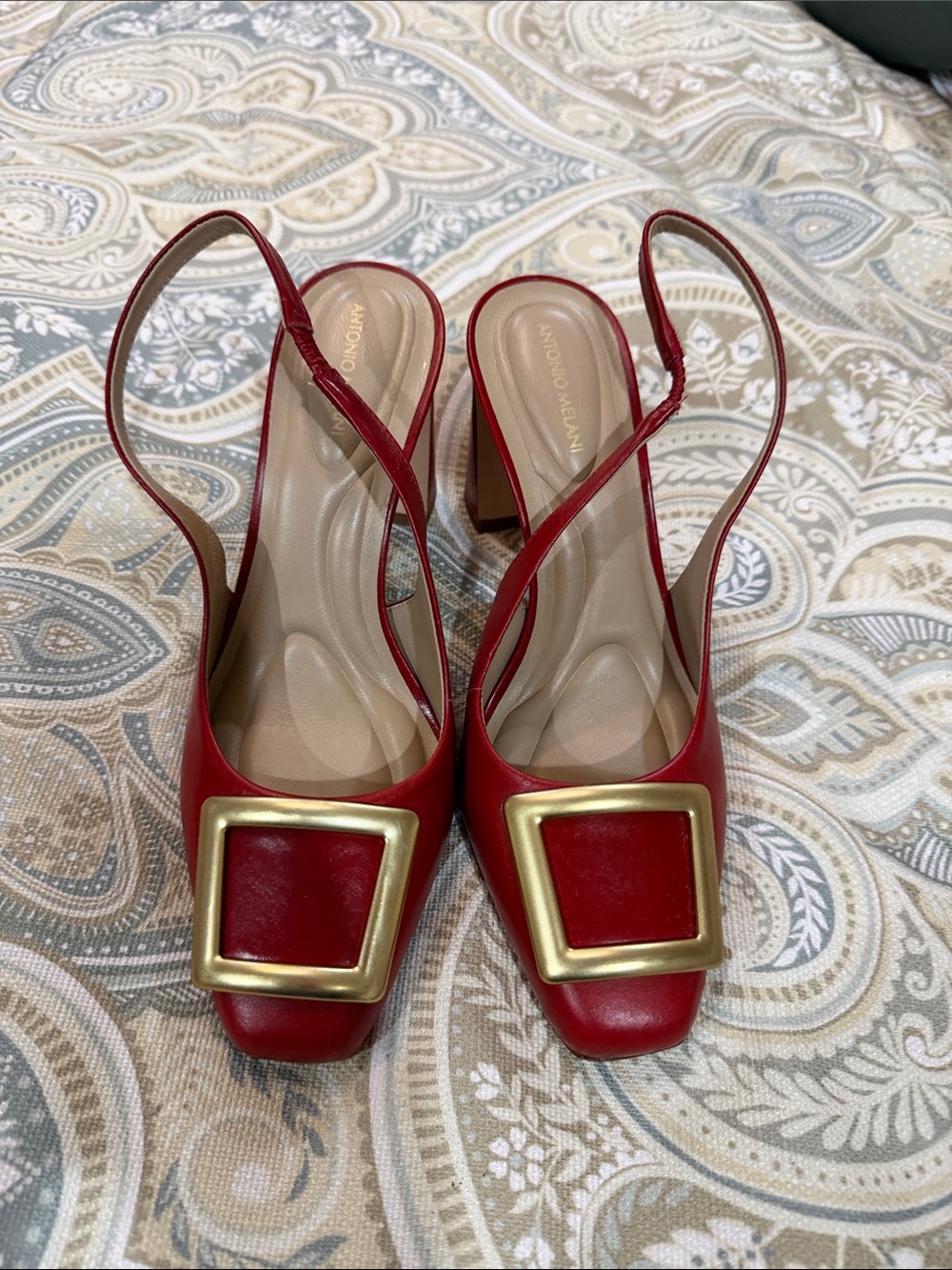 ANTONIO MELANI Red Slingback Heels with Gold Square Buckle